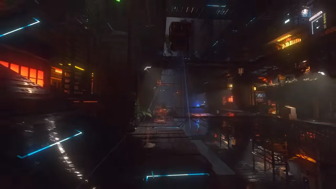 Nivalis Nights during curfew: a dark alley of walkways and dim doorways, lit only by thin strips of blue neon