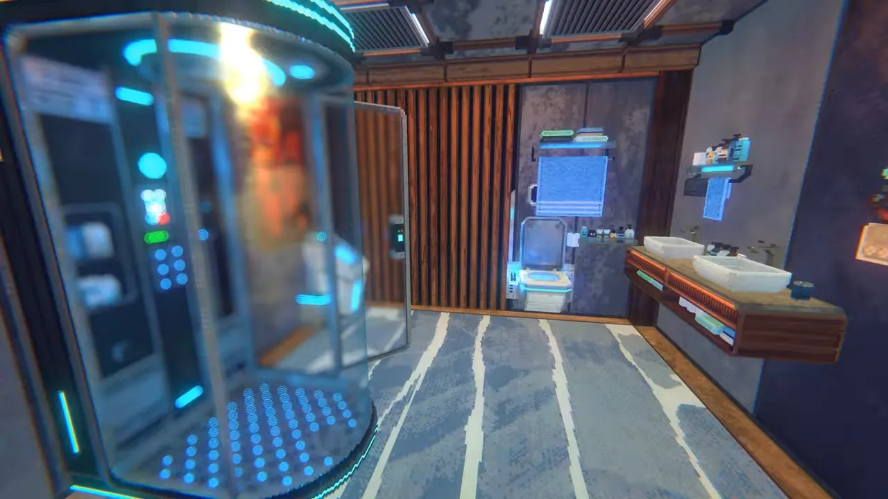 Nivalis Nights gameplay: a futuristic apartment bathroom with a glowing glass shower pod, twin sinks and wood-panel walls