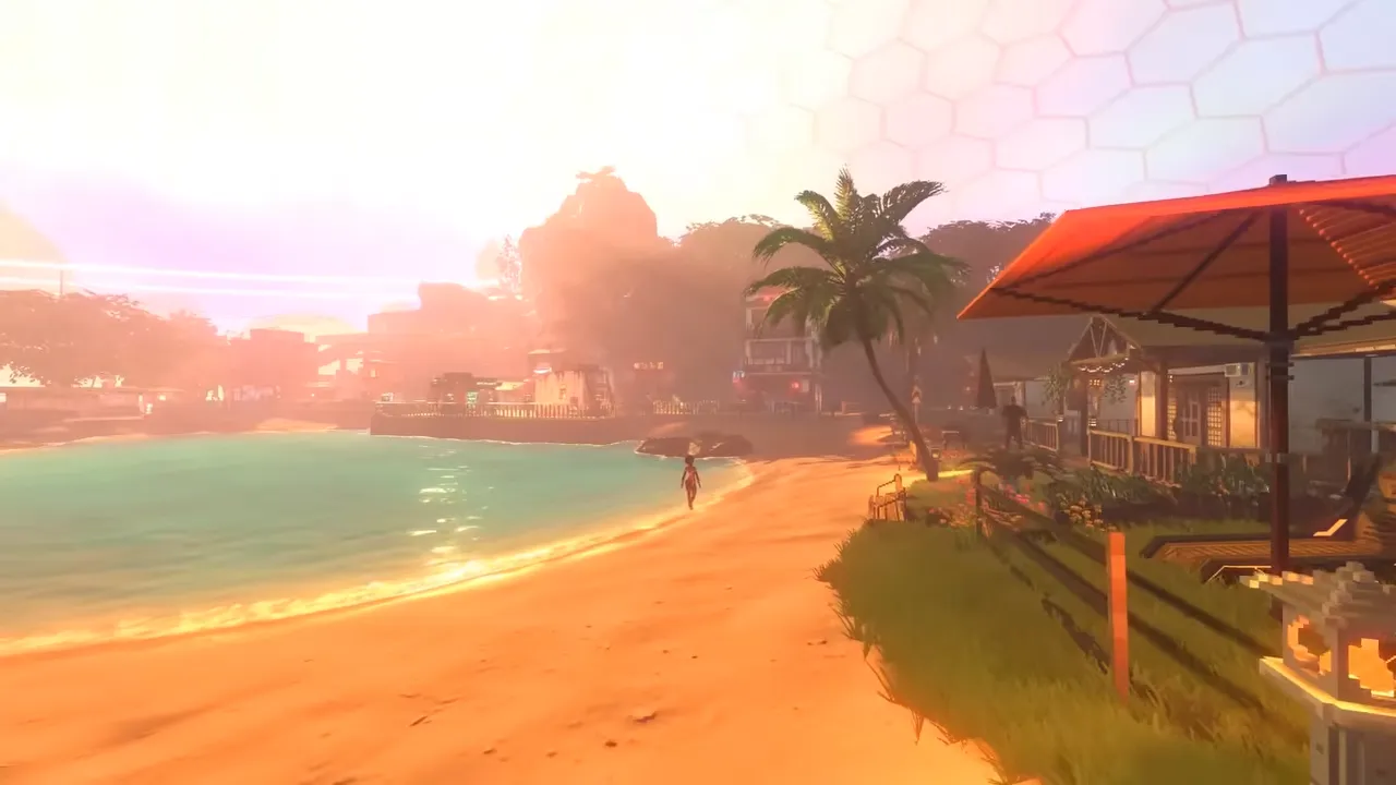 Nivalis Nights beach under a huge glass dome — palm trees, turquoise water, and beach houses along the sand