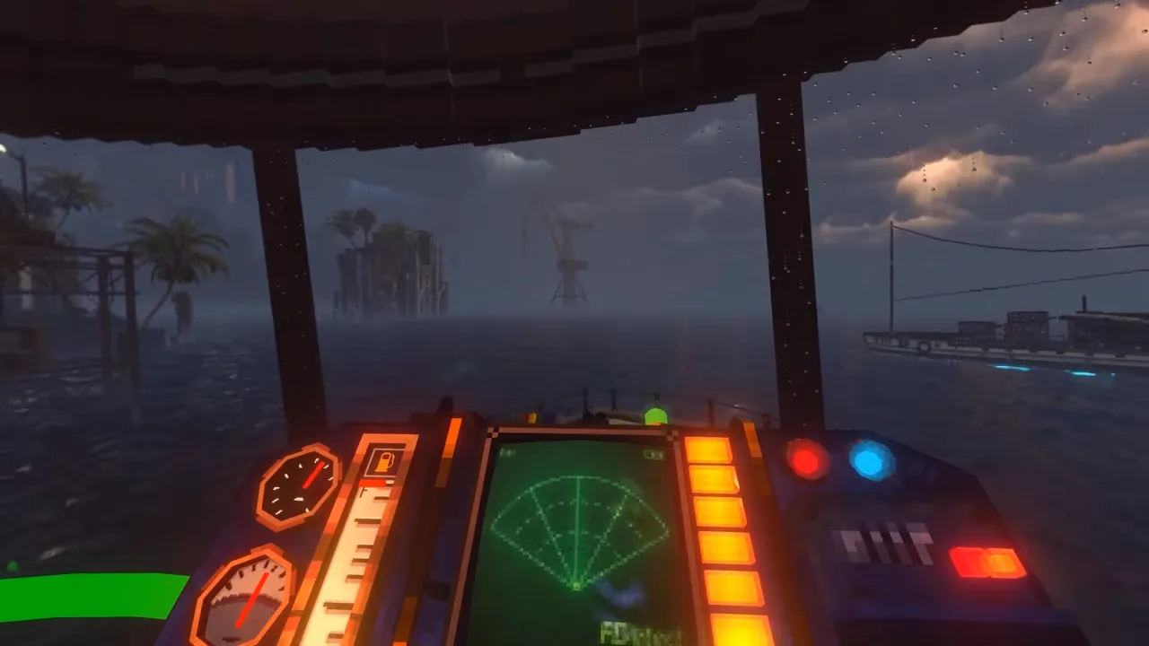 Nivalis Nights gameplay: first-person view from a boat cockpit at sea in the rain, radar glowing on the dashboard