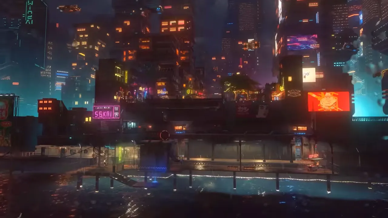 Nivalis Nights at night from the water, canal-side shops lit by pink and blue neon signs