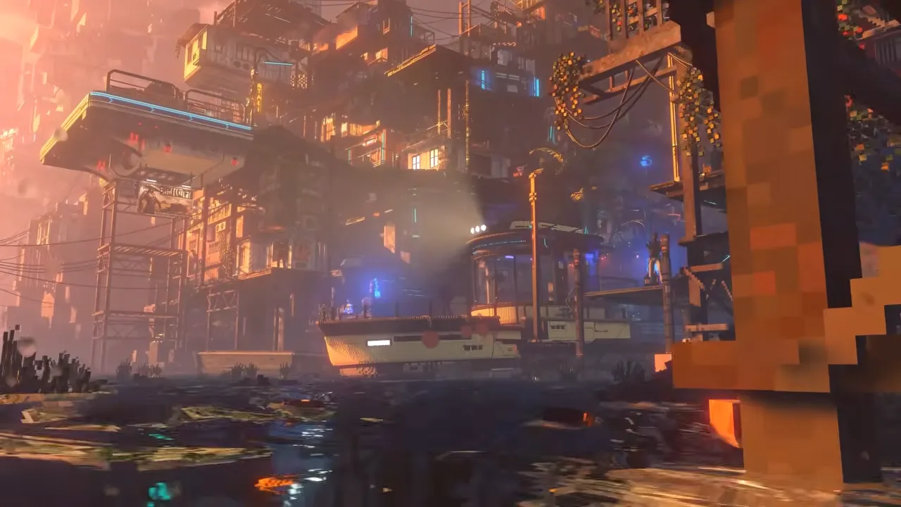 Nivalis Nights screenshot: wooden boats moored beneath stilt houses and gantries at sunset