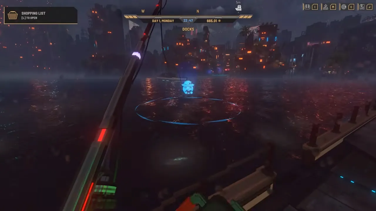 Nivalis Nights screenshot: first-person night fishing, a rod held out over dark water toward a glowing blue bobber