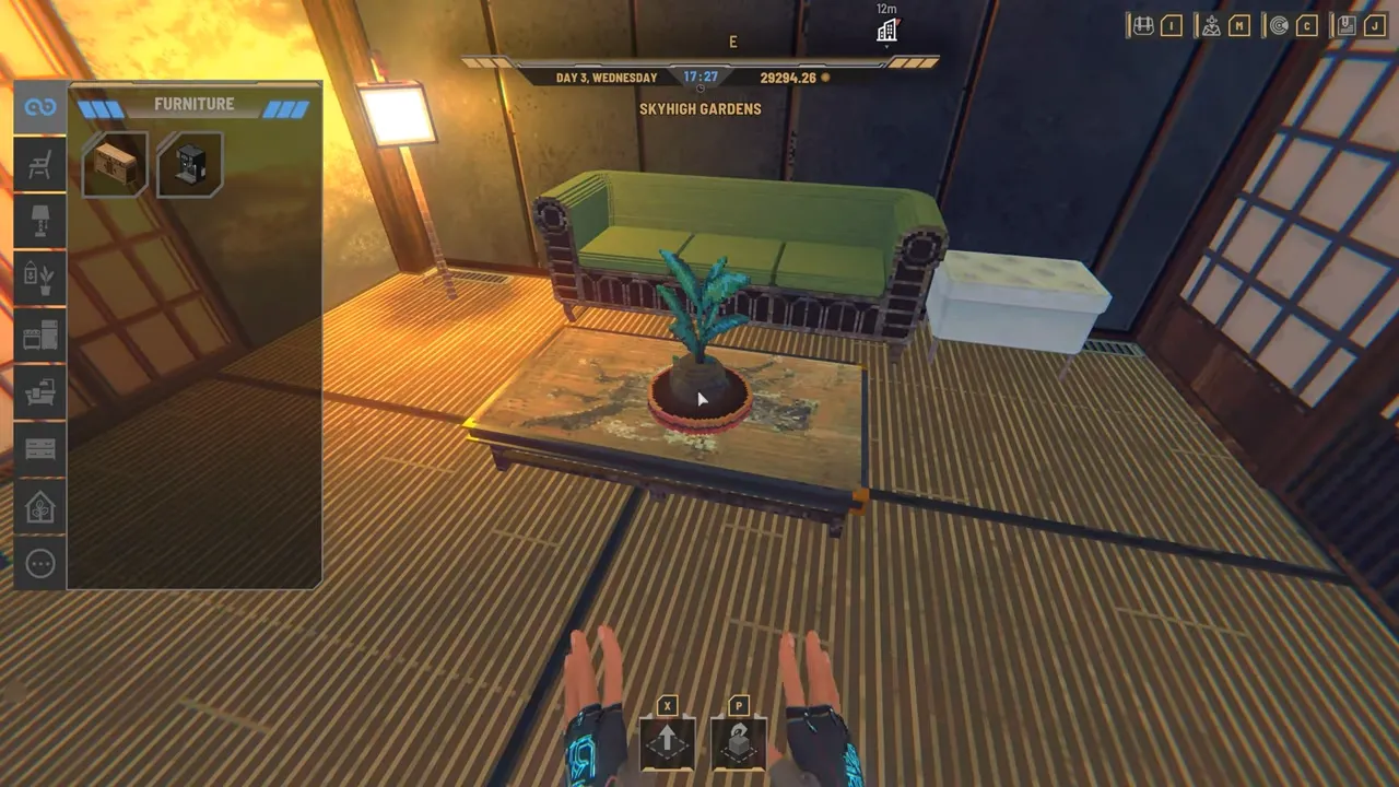 Nivalis Nights gameplay: placing a potted plant on a table in a warm apartment at Skyhigh Gardens, furniture menu open