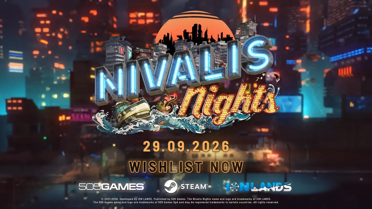 Nivalis Nights official key art with the neon logo and the September 29, 2026 Steam release date