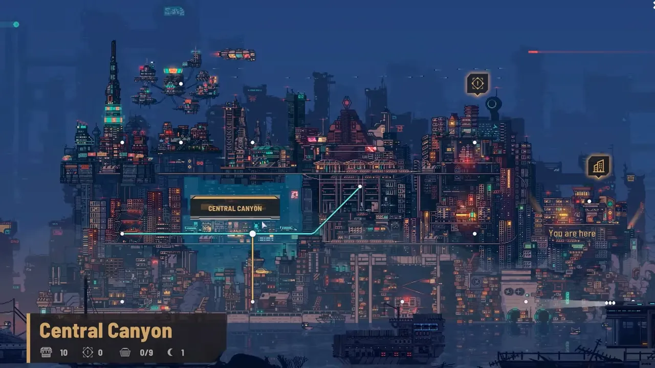 Pixel-art city map of the Central Canyon district in Nivalis Nights