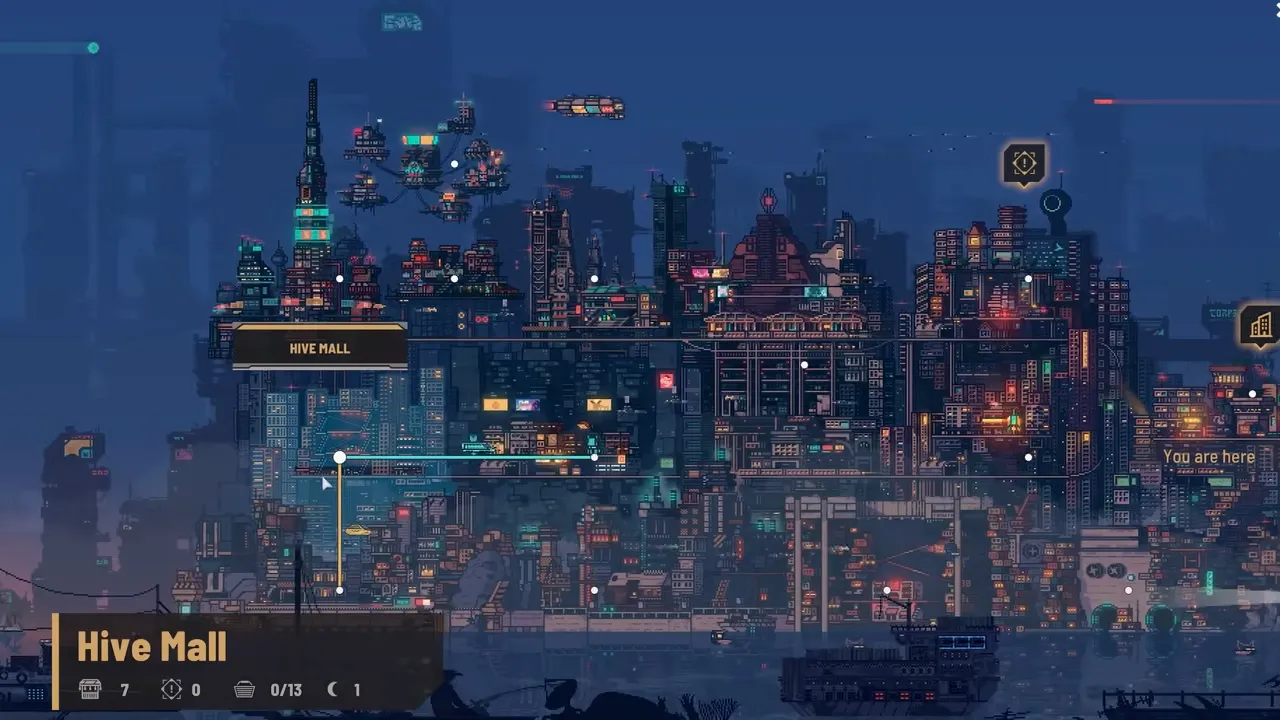 Pixel-art city map of the Hive Mall district in Nivalis Nights