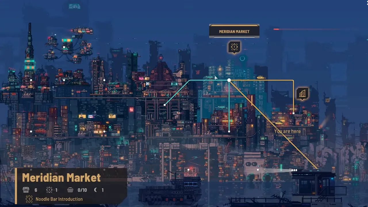Pixel-art city map of the Meridian Market district in Nivalis Nights