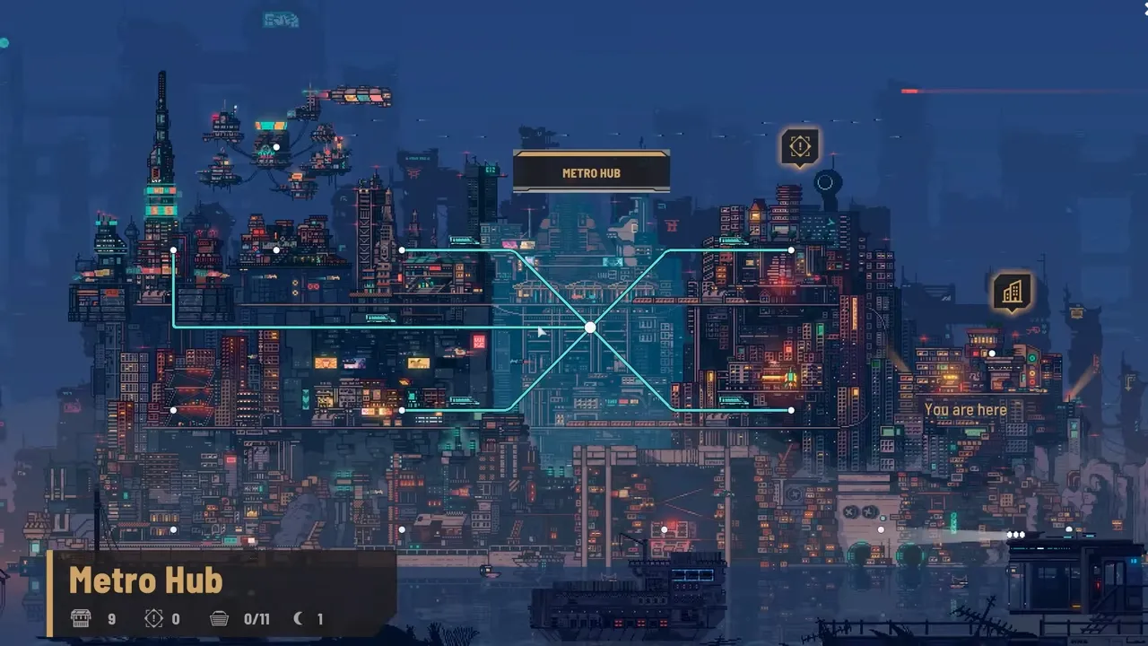 Pixel-art city map of the Metro Hub district in Nivalis Nights