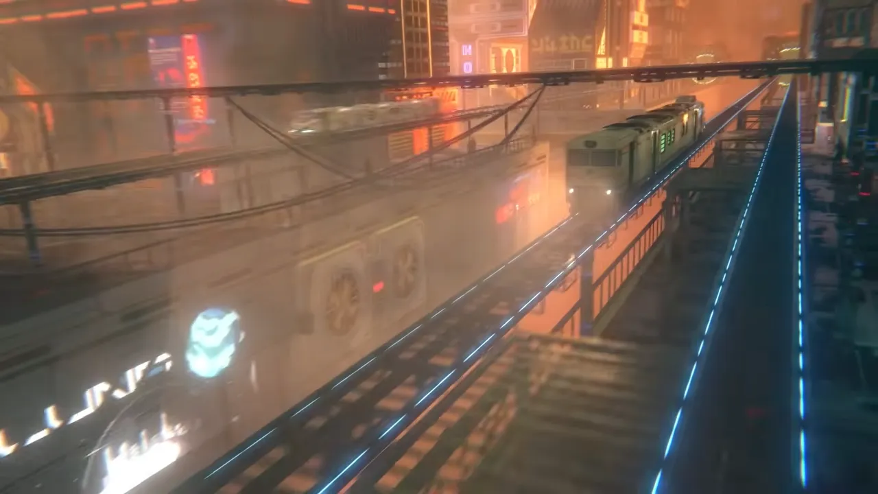 Nivalis Nights screenshot: a monorail pulling into an elevated station in golden morning haze