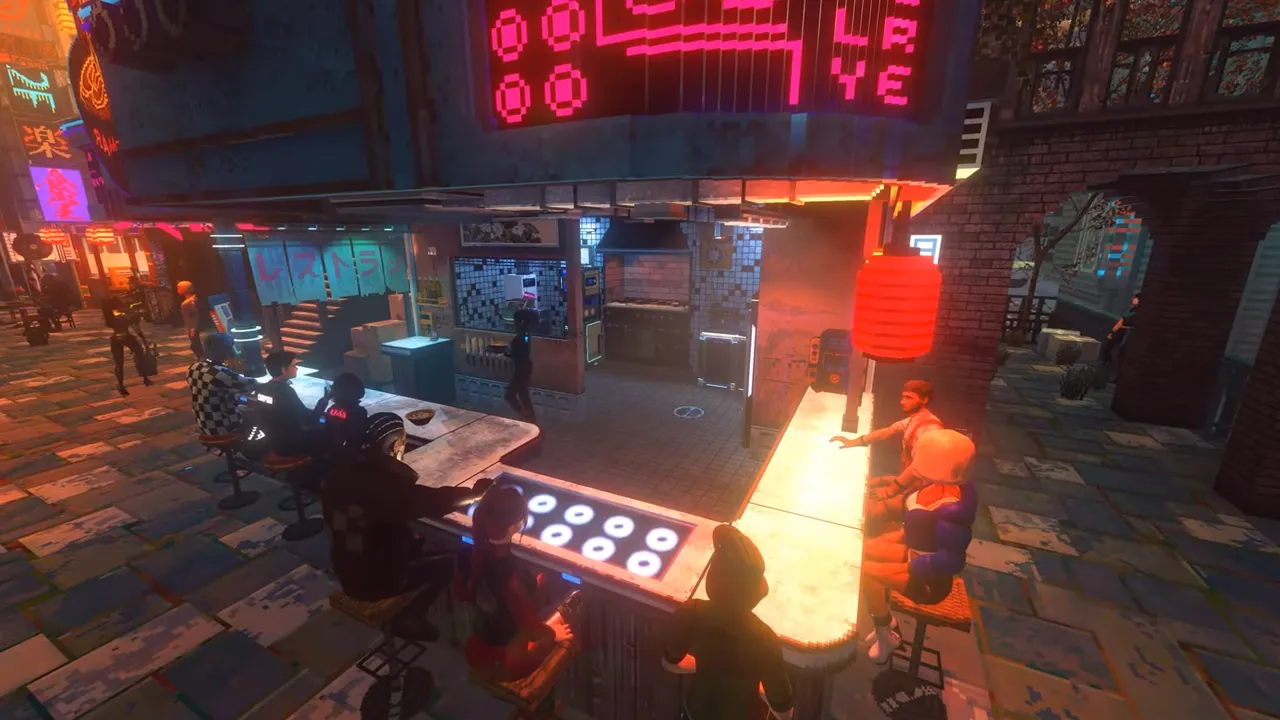 Nivalis Nights gameplay: a busy noodle bar counter under a red lantern and pink neon, customers seated while the cook works the grill