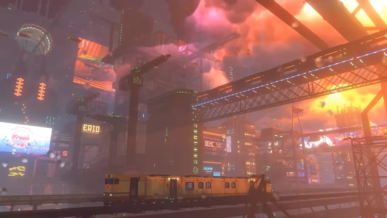 Nivalis Nights screenshot: elevated rail bridges crossing between cranes and towers under a burning orange sky