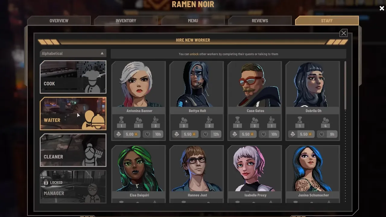 Nivalis Nights screenshot: the staff screen of a restaurant called Ramen Noir, with cooks, waiters and cleaners to hire