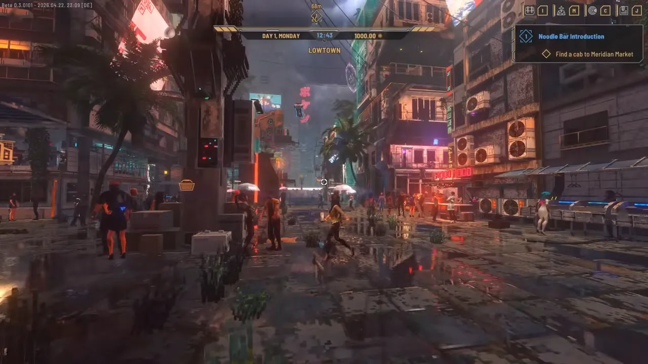 Nivalis Nights street-level gameplay in Lowtown on day one: walking through a rainy neon street with the Noodle Bar Introduction quest on screen