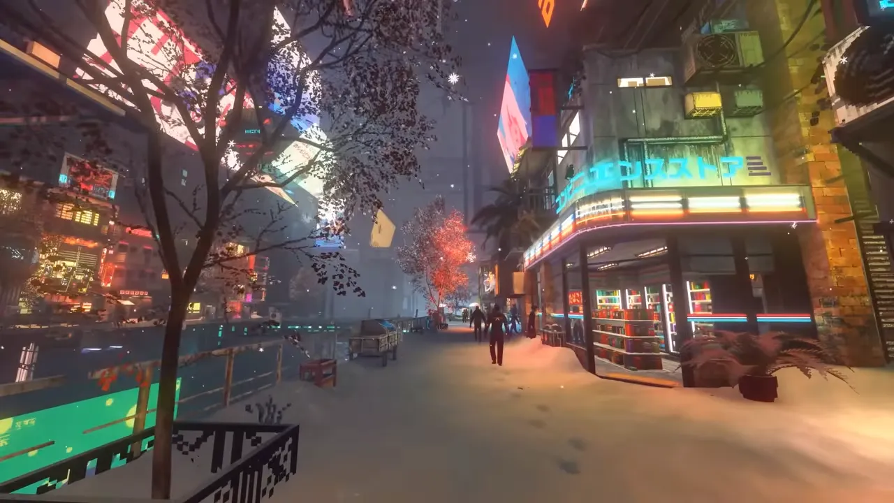 Nivalis Nights snow: a snow-covered canal street at night, convenience store neon glowing over fresh footprints