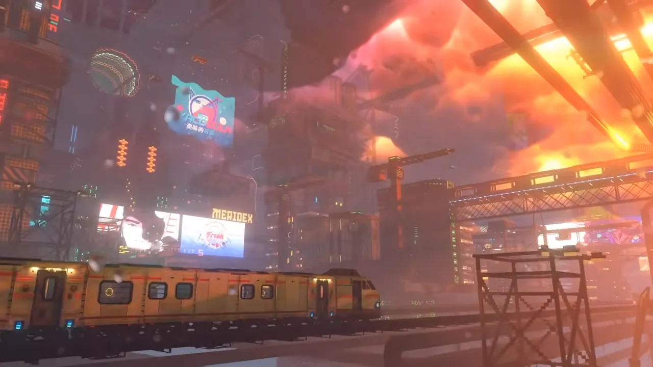 Nivalis Nights screenshot: a yellow freight train rolling past giant billboards in industrial haze
